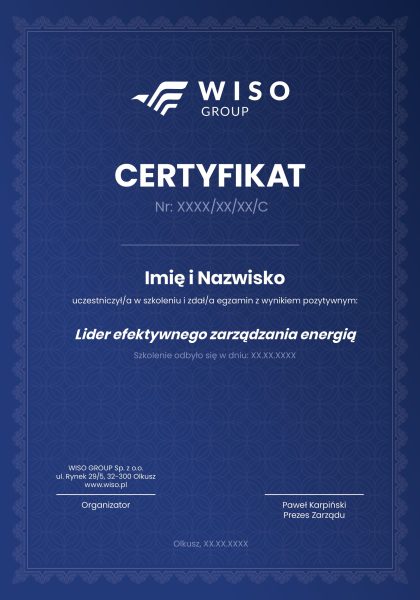 Certyfikat - Lider efektywnego zarządzania energią